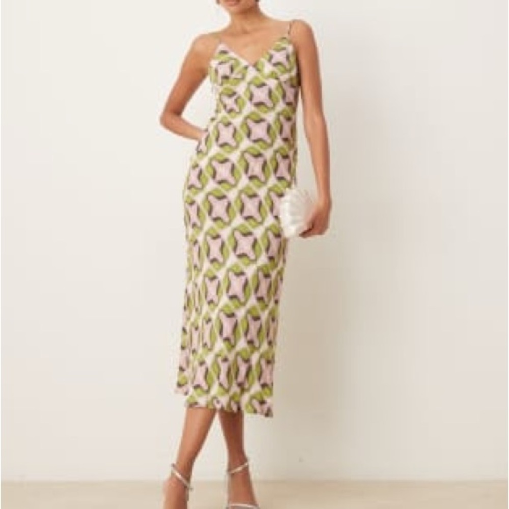 Mango v-neck retro geometric print straight fit maxi dress in pastel pink